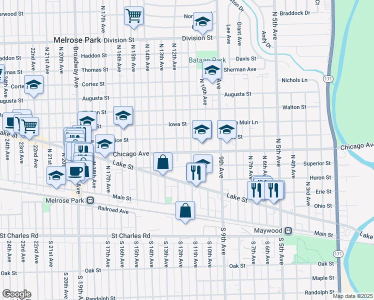 map of restaurants, bars, coffee shops, grocery stores, and more near 702 North 11th Avenue in Melrose Park