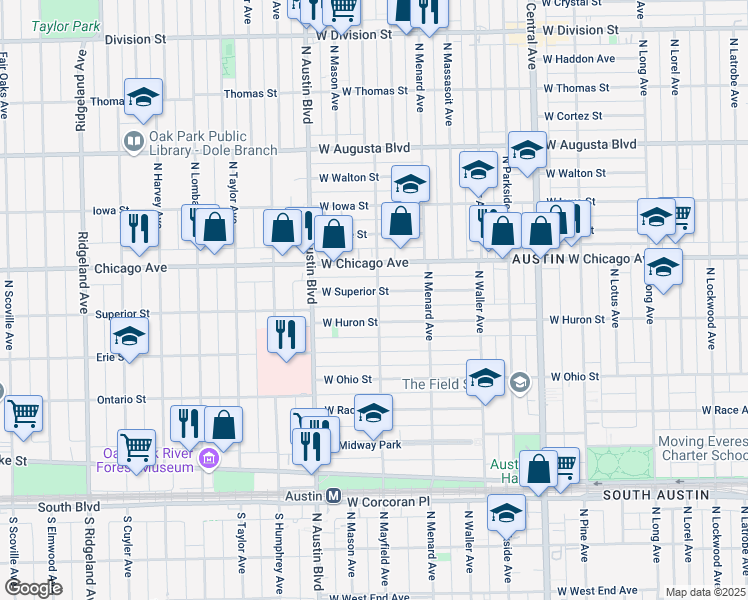 map of restaurants, bars, coffee shops, grocery stores, and more near 720 North Mayfield Avenue in Chicago