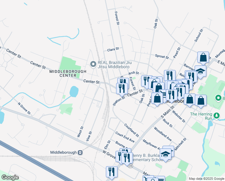 map of restaurants, bars, coffee shops, grocery stores, and more near 554 Center Street in Middleborough