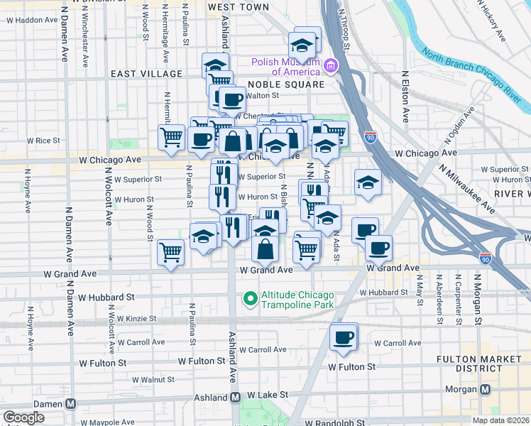 map of restaurants, bars, coffee shops, grocery stores, and more near 1472 West Erie Street in Chicago