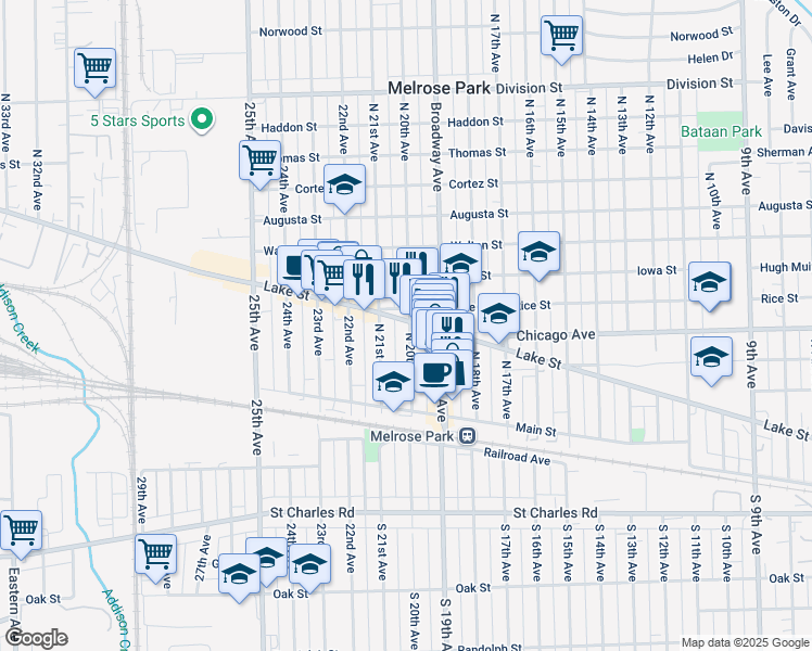 map of restaurants, bars, coffee shops, grocery stores, and more near 164 North 20th Avenue in Melrose Park