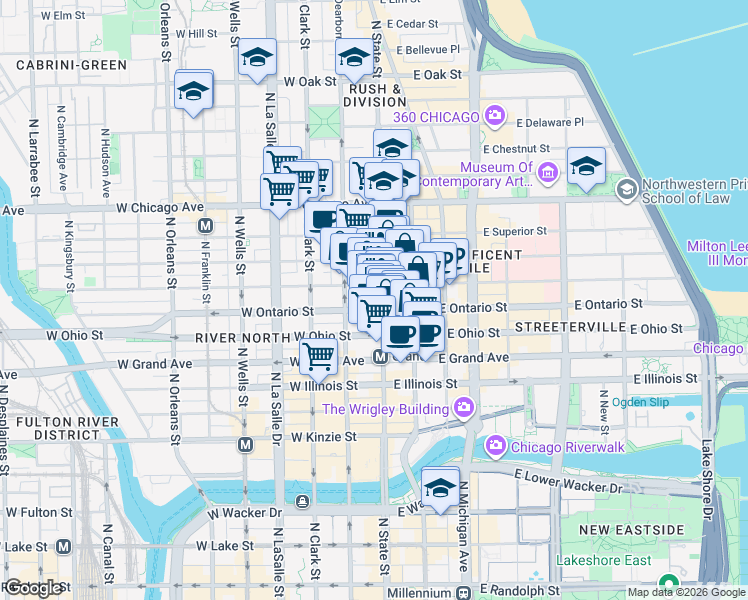 map of restaurants, bars, coffee shops, grocery stores, and more near 628 North State Street in Chicago