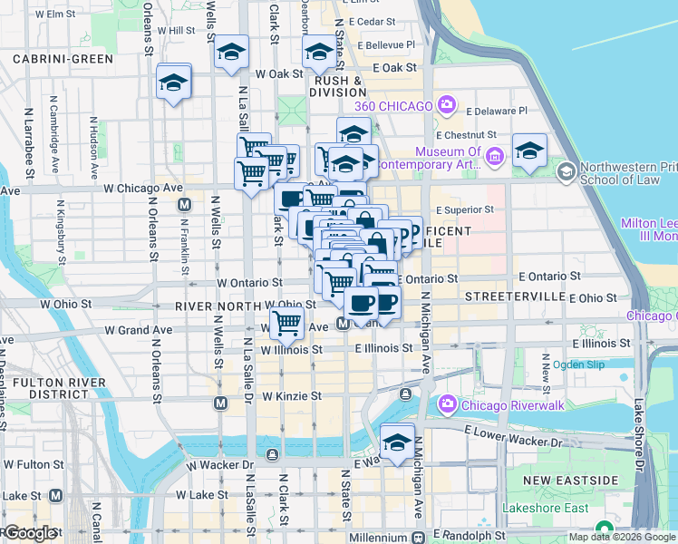 map of restaurants, bars, coffee shops, grocery stores, and more near 628 North State Street in Chicago