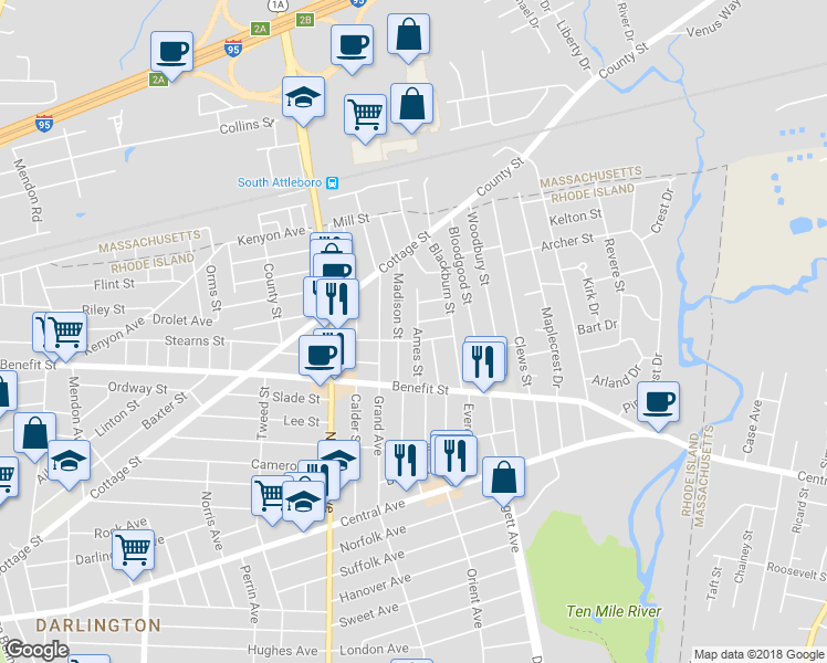 map of restaurants, bars, coffee shops, grocery stores, and more near 68 Ames Street in Pawtucket