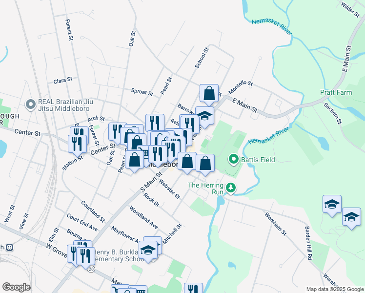 map of restaurants, bars, coffee shops, grocery stores, and more near 102 North Main Street in Middleborough