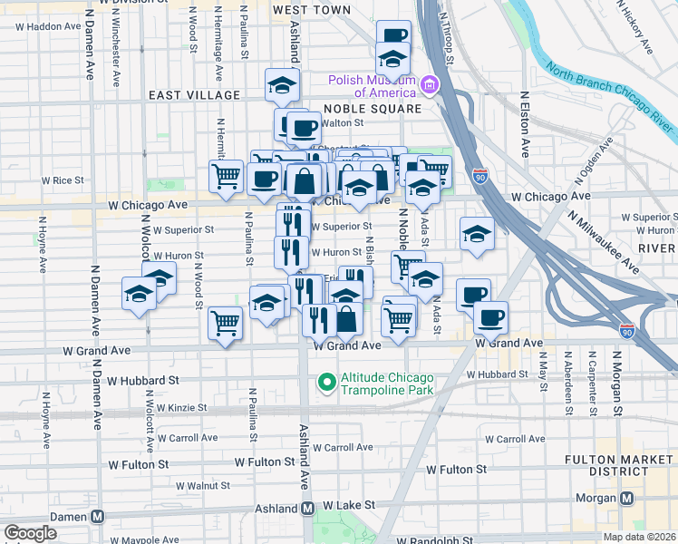 map of restaurants, bars, coffee shops, grocery stores, and more near 1480 West Erie Street in Chicago