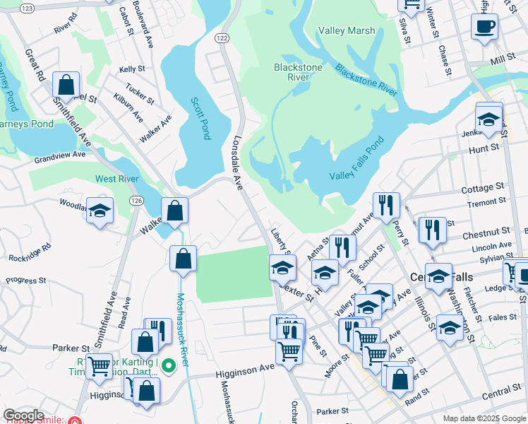 map of restaurants, bars, coffee shops, grocery stores, and more near 19 Cliff Street in Central Falls