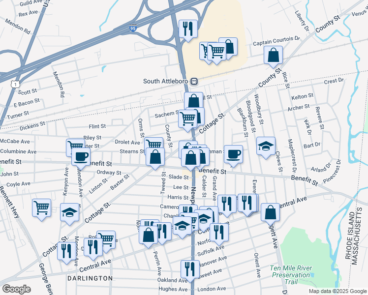 map of restaurants, bars, coffee shops, grocery stores, and more near 715 Cottage St in Pawtucket