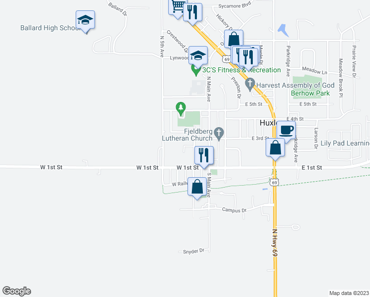 map of restaurants, bars, coffee shops, grocery stores, and more near 205 North 3rd Avenue in Huxley