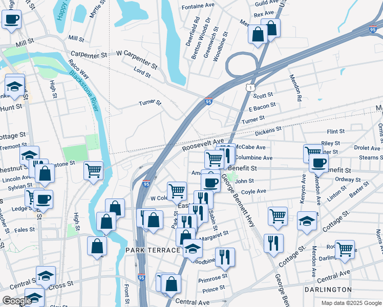 map of restaurants, bars, coffee shops, grocery stores, and more near 1 Collins Avenue in Pawtucket