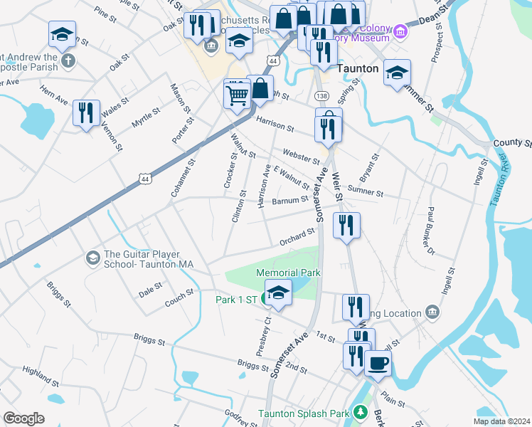 map of restaurants, bars, coffee shops, grocery stores, and more near 53 Harrison Avenue in Taunton
