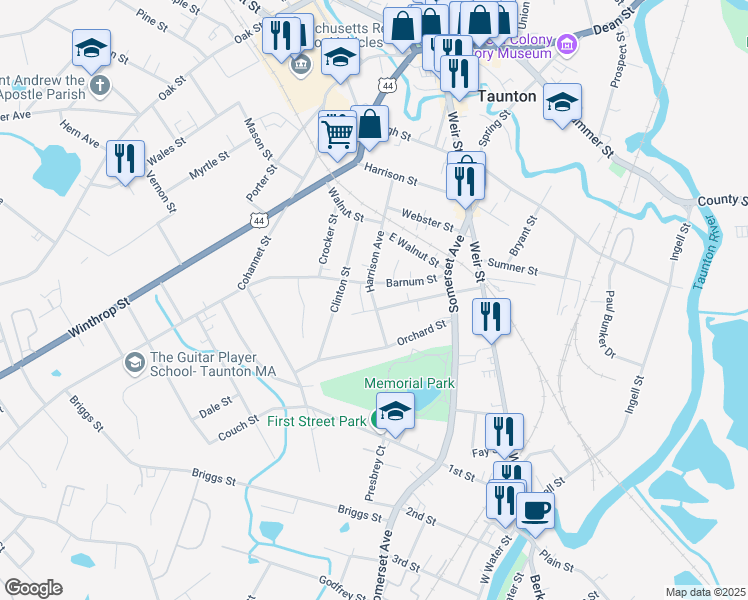 map of restaurants, bars, coffee shops, grocery stores, and more near 53 Harrison Avenue in Taunton