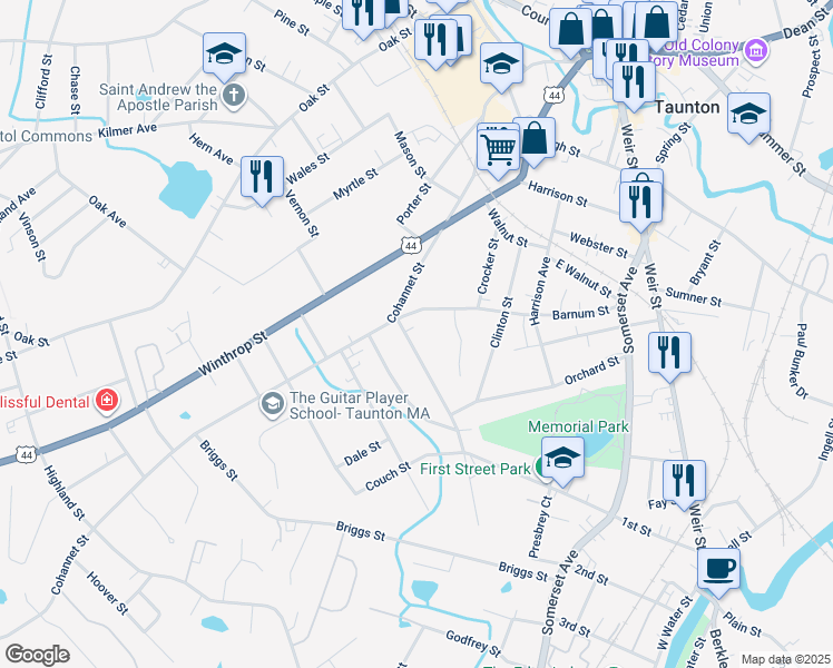 map of restaurants, bars, coffee shops, grocery stores, and more near 10 West Weir Street in Taunton