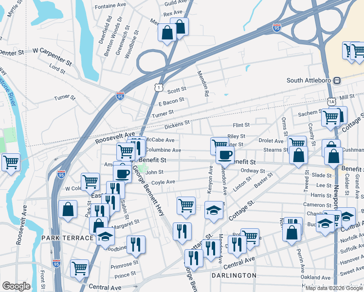 map of restaurants, bars, coffee shops, grocery stores, and more near 118 Columbine Avenue in Pawtucket
