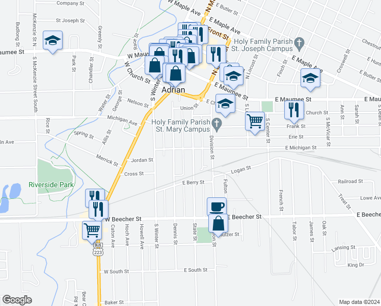 map of restaurants, bars, coffee shops, grocery stores, and more near 510 State Street in Adrian