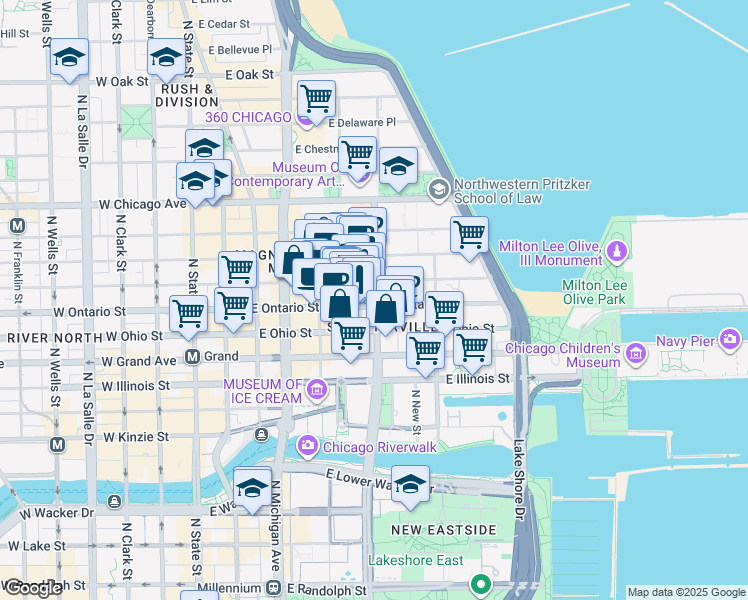 map of restaurants, bars, coffee shops, grocery stores, and more near 240 East Ontario Street in Chicago