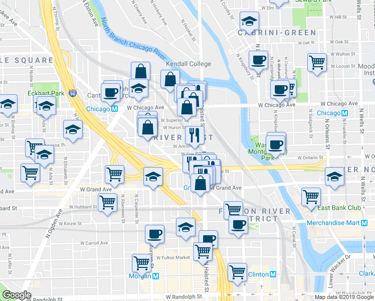 map of restaurants, bars, coffee shops, grocery stores, and more near 848 West Erie Street in Chicago