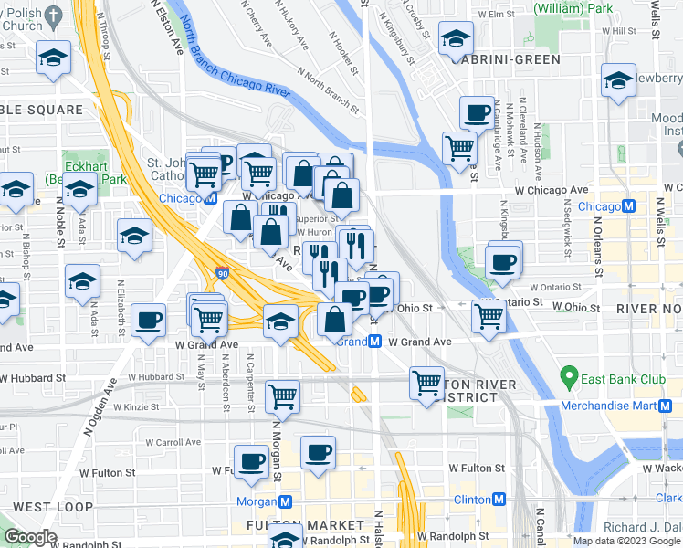 map of restaurants, bars, coffee shops, grocery stores, and more near 848 West Erie Street in Chicago