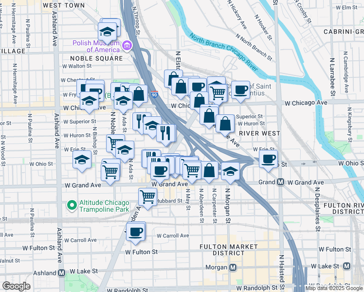 map of restaurants, bars, coffee shops, grocery stores, and more near in Chicago