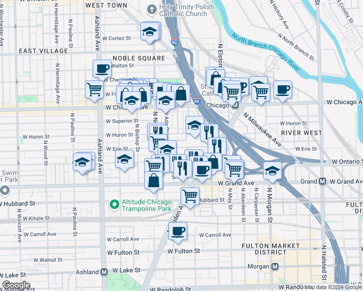map of restaurants, bars, coffee shops, grocery stores, and more near 1306 West Erie Street in Chicago