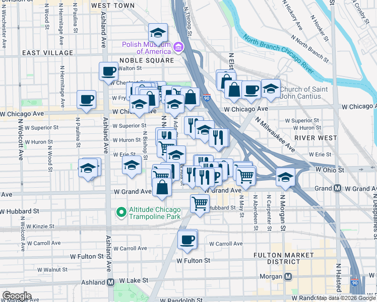 map of restaurants, bars, coffee shops, grocery stores, and more near 1306 West Erie Street in Chicago