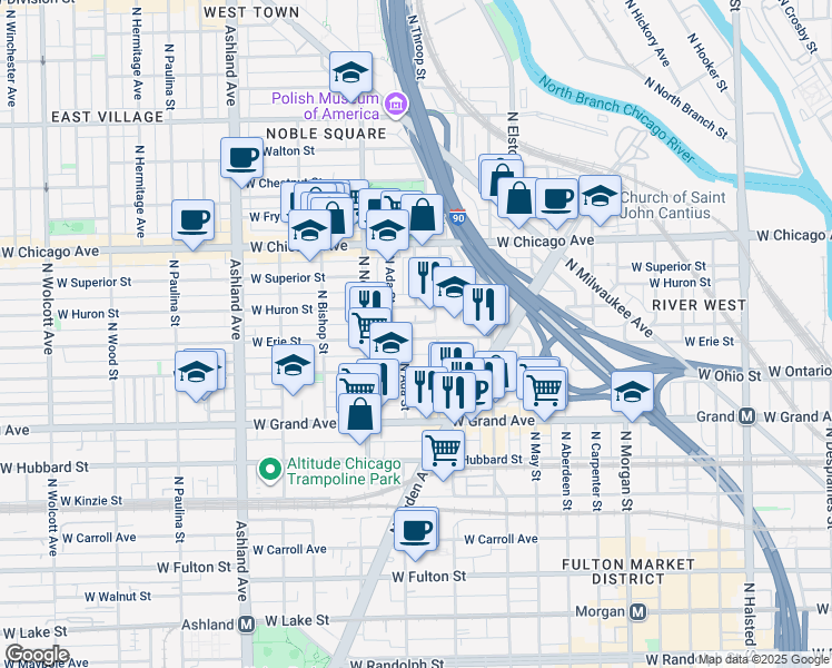 map of restaurants, bars, coffee shops, grocery stores, and more near 1306 West Erie Street in Chicago