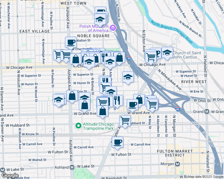 map of restaurants, bars, coffee shops, grocery stores, and more near 1348 West Erie Street in Chicago
