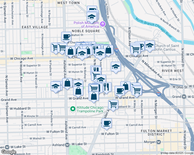 map of restaurants, bars, coffee shops, grocery stores, and more near 1348 West Erie Street in Chicago