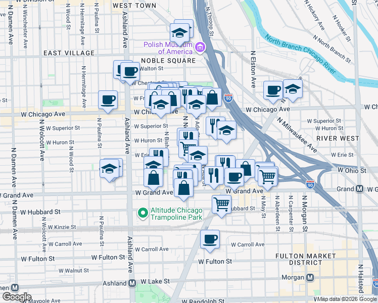 map of restaurants, bars, coffee shops, grocery stores, and more near 1348 West Erie Street in Chicago