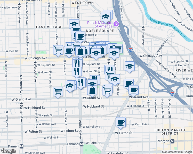map of restaurants, bars, coffee shops, grocery stores, and more near 1458 West Erie Street in Chicago
