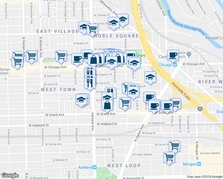 map of restaurants, bars, coffee shops, grocery stores, and more near 1458 West Erie Street in Chicago