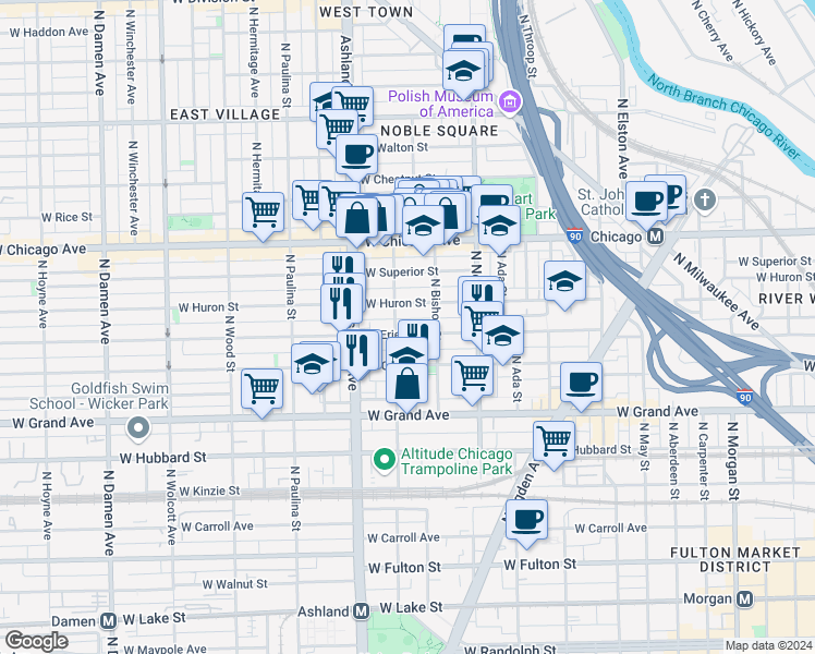map of restaurants, bars, coffee shops, grocery stores, and more near 1458 West Erie Street in Chicago