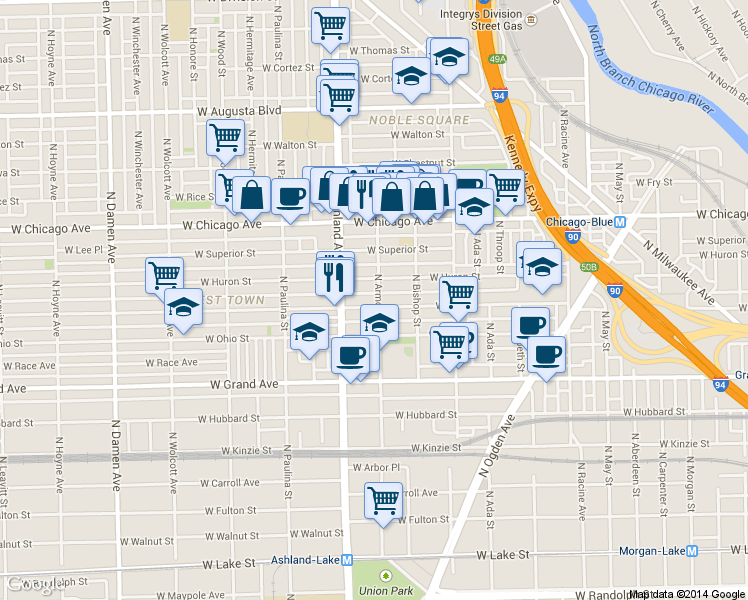 map of restaurants, bars, coffee shops, grocery stores, and more near 1508 West Erie Street in Chicago