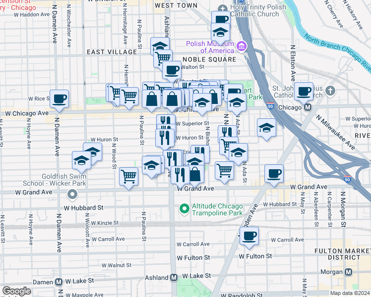 map of restaurants, bars, coffee shops, grocery stores, and more near 1508 West Erie Street in Chicago