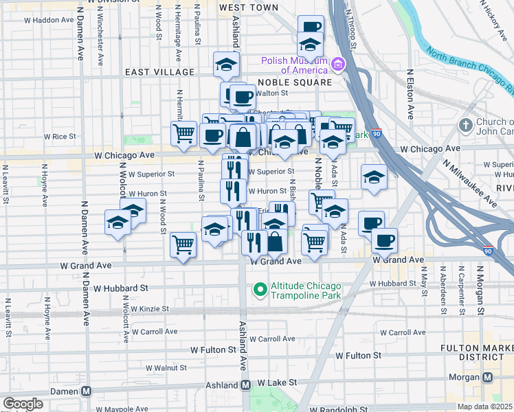 map of restaurants, bars, coffee shops, grocery stores, and more near 1508 West Erie Street in Chicago