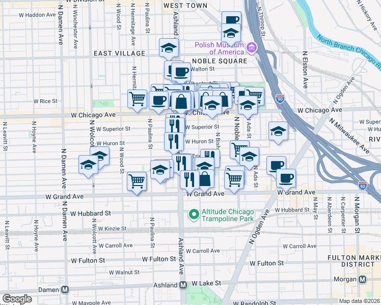 map of restaurants, bars, coffee shops, grocery stores, and more near 1508 West Erie Street in Chicago