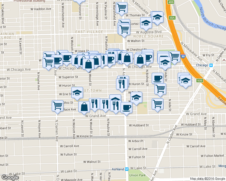 map of restaurants, bars, coffee shops, grocery stores, and more near 1646 West Erie Street in Chicago
