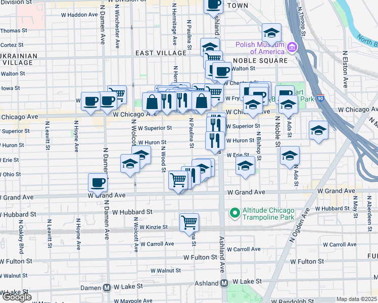 map of restaurants, bars, coffee shops, grocery stores, and more near 1718 West Erie Street in Chicago