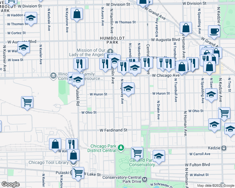 map of restaurants, bars, coffee shops, grocery stores, and more near 658 North Ridgeway Avenue in Chicago