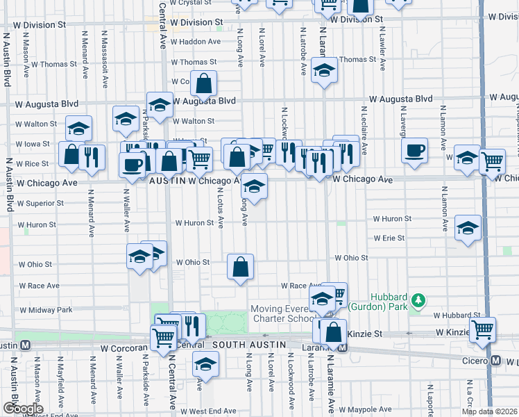 map of restaurants, bars, coffee shops, grocery stores, and more near 715 North Lorel Avenue in Chicago