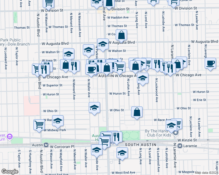 map of restaurants, bars, coffee shops, grocery stores, and more near 719 North Central Avenue in Chicago