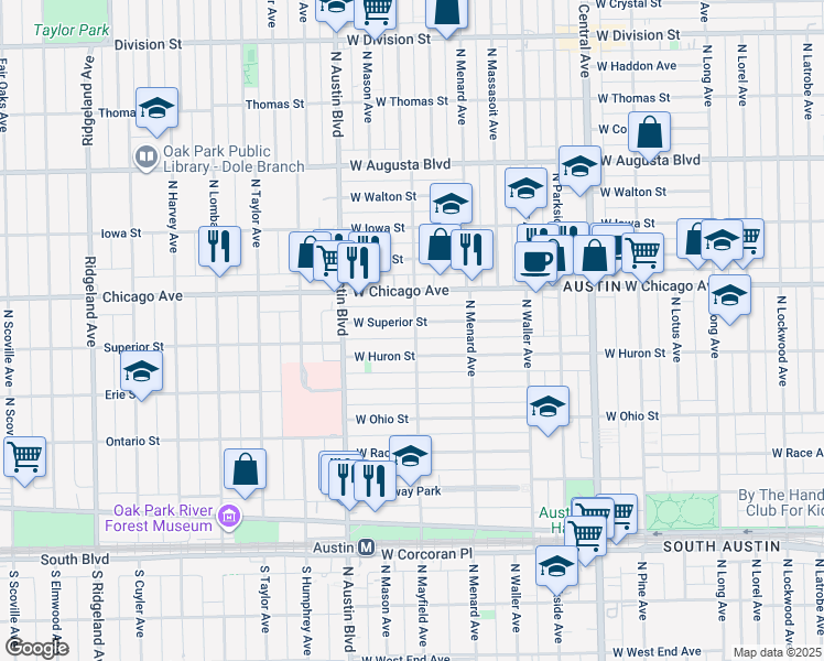 map of restaurants, bars, coffee shops, grocery stores, and more near 720 North Mayfield Avenue in Chicago