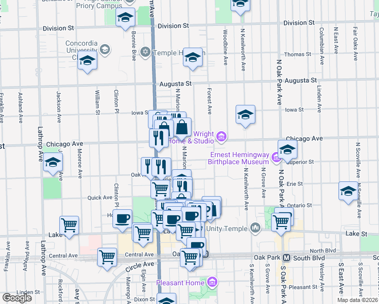 map of restaurants, bars, coffee shops, grocery stores, and more near 408 North Marion Street in Oak Park