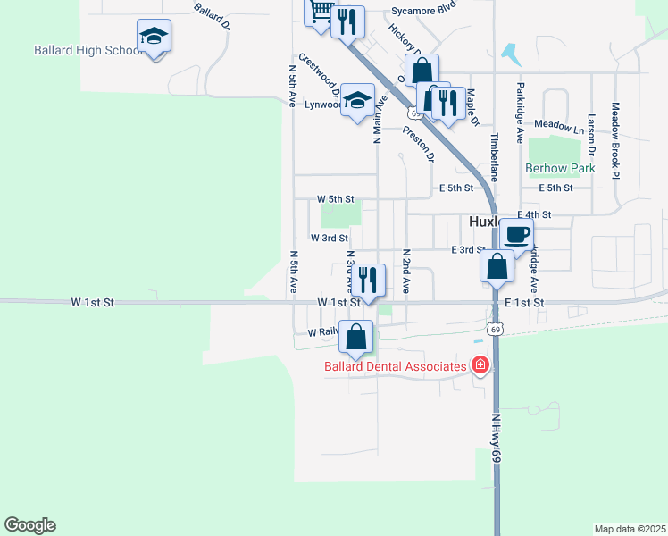 map of restaurants, bars, coffee shops, grocery stores, and more near 205 North 3rd Avenue in Huxley