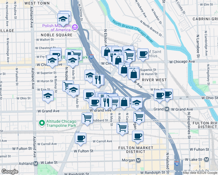 map of restaurants, bars, coffee shops, grocery stores, and more near 1120 West Erie Street in Chicago
