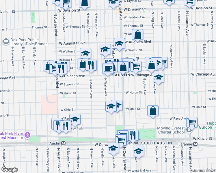 map of restaurants, bars, coffee shops, grocery stores, and more near 5703 West Superior Street in Chicago
