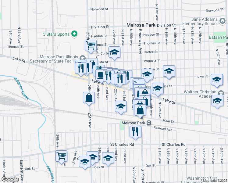 map of restaurants, bars, coffee shops, grocery stores, and more near 158 North 22nd Avenue in Melrose Park