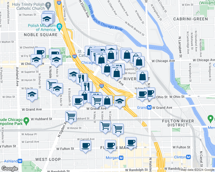 map of restaurants, bars, coffee shops, grocery stores, and more near 646 North Carpenter Street in Chicago