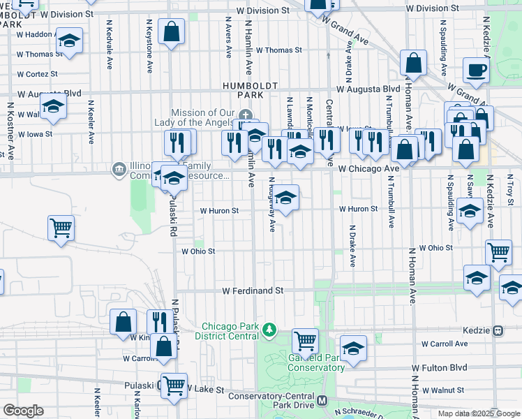 map of restaurants, bars, coffee shops, grocery stores, and more near 658 North Ridgeway Avenue in Chicago