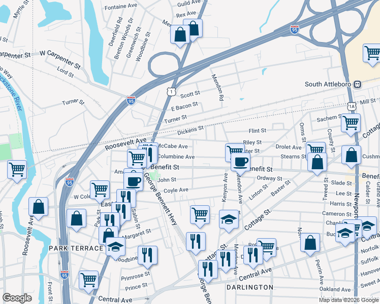 map of restaurants, bars, coffee shops, grocery stores, and more near 92 Bates Street in Pawtucket